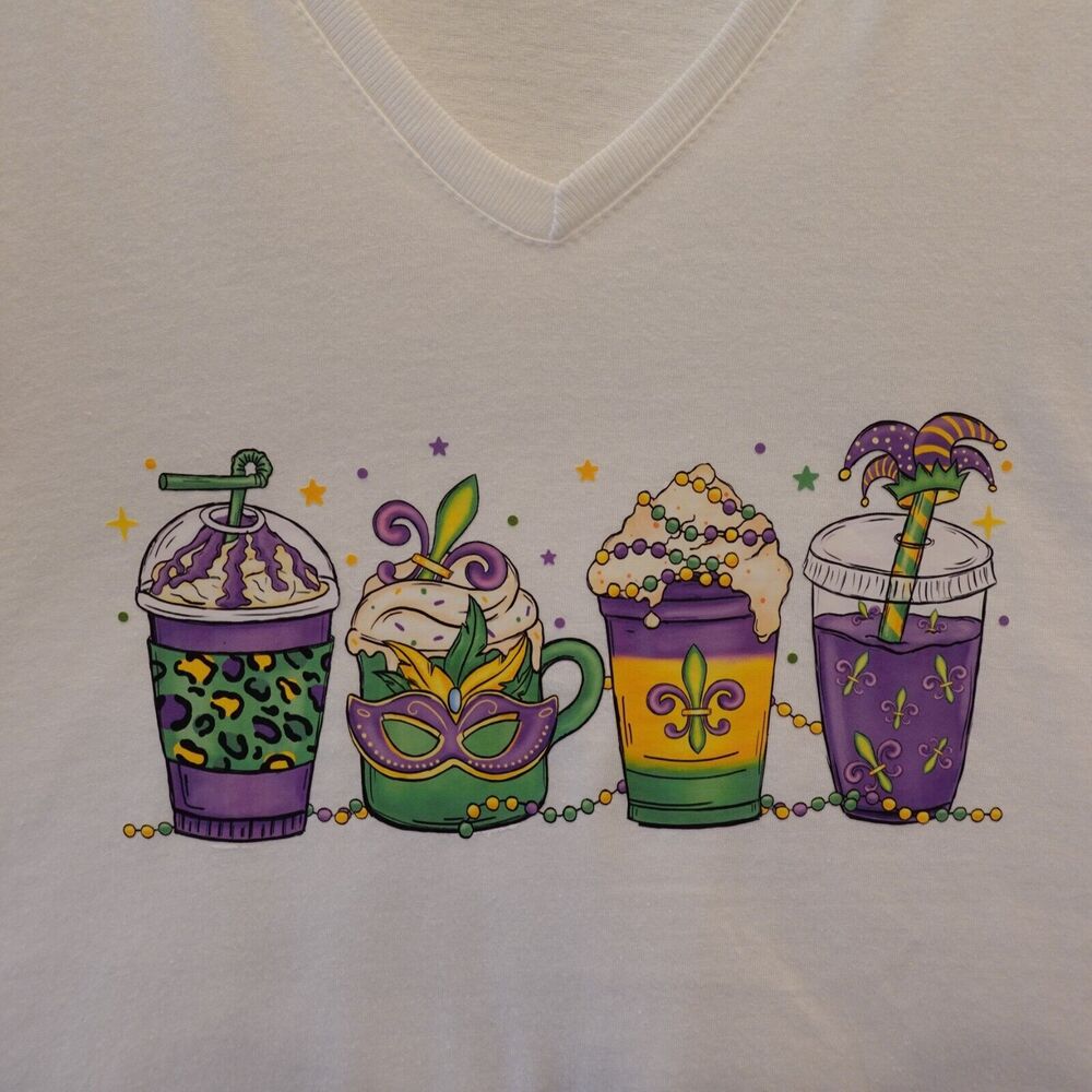 NWOT Mardi Gras Shirt Ladies 2XL Parade Beads Nola 504 New Orleans Coffee Lover